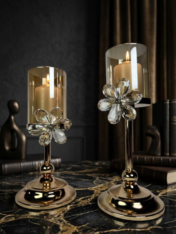 Candle Holder with Flower | Elegant Crystal Accent Stand