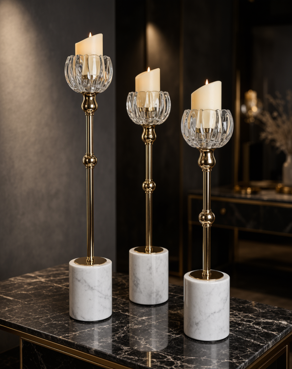 Luxe Crystal & Marble Candle Holder Set